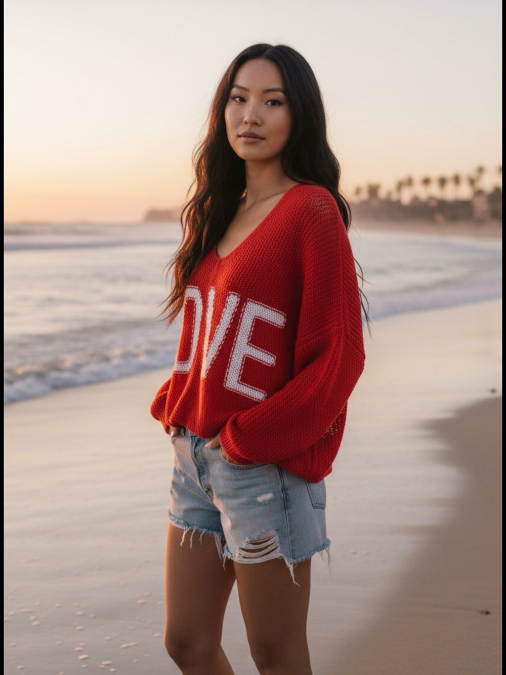 Wooden Ships Red V-Neck Sweater with White LOVE Graphic